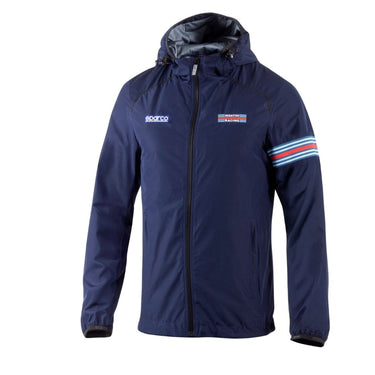 Front view of Sparco Martini SL Windbreaker in navy with Martini Racing logo on chest and stripes on sleeve-Image